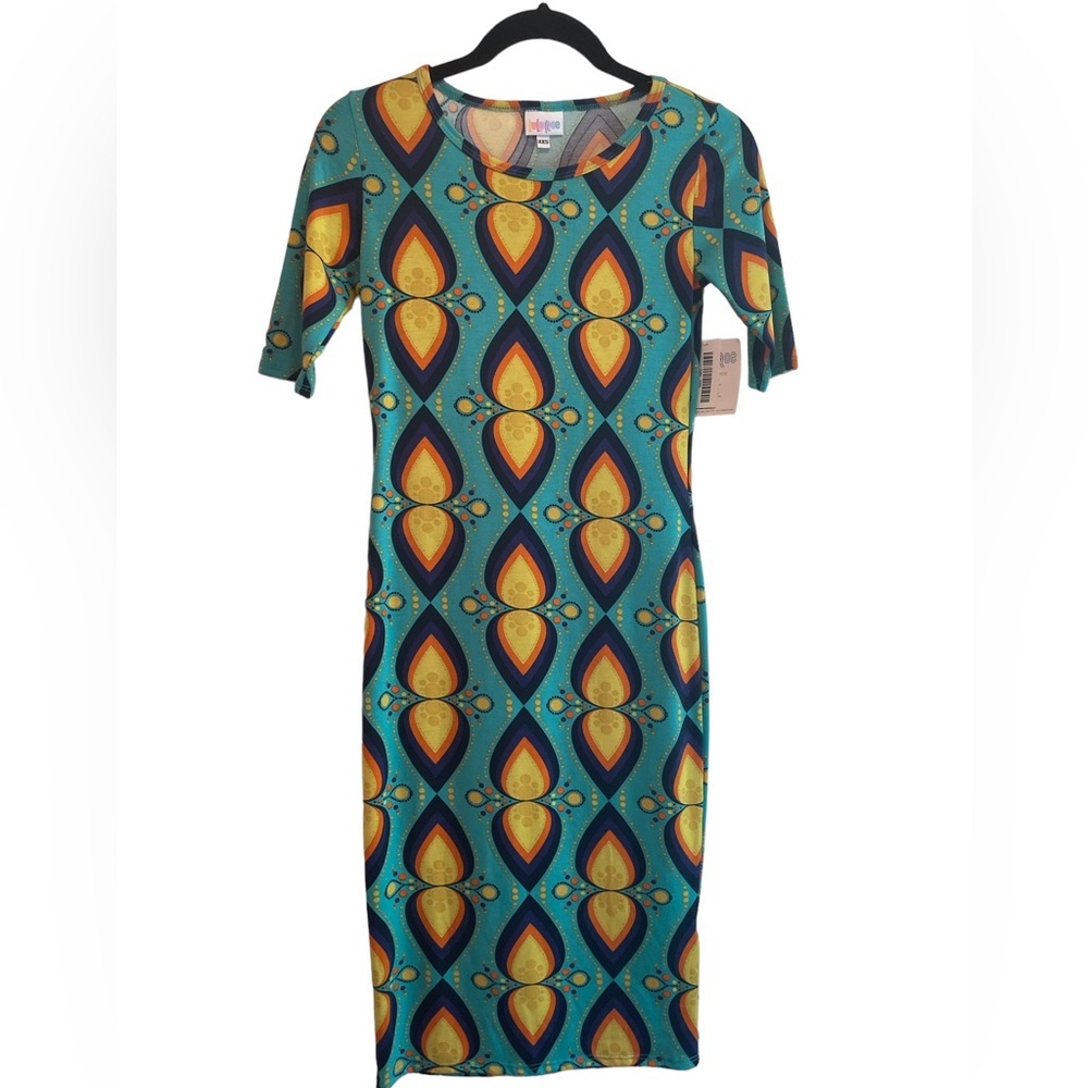 NWT LuLaRoe Julia T-shirt Dress, green/yellow/purple. size XXS‎